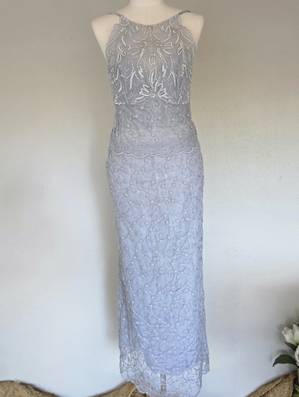 Vintage Only Hearts Beaded  Nylon Lace Maxi Set Periwinkle Blue Ethereal  M